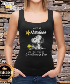 Cute Snoopy and Woodstock on a tank top saying 'I Work at Hardee's, It's Fine, I'm Fine, Everything is Fine.'