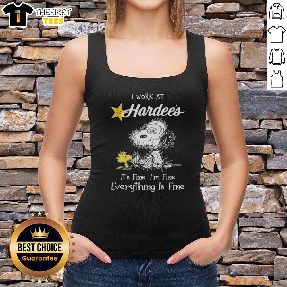 cute-tired-snoopy-and-woodstock-i-work-at-hardees-its-fine-im-fine-everything-is-fine-tank-top Cute Snoopy and Woodstock on a tank top saying 'I Work at Hardee's, It's Fine, I'm Fine, Everything is Fine.'