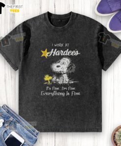 Alt Text: Cute tired Snoopy and Woodstock on a I work at Hardee's, it's fine, I'm fine, everything is fine washed t-shirt.