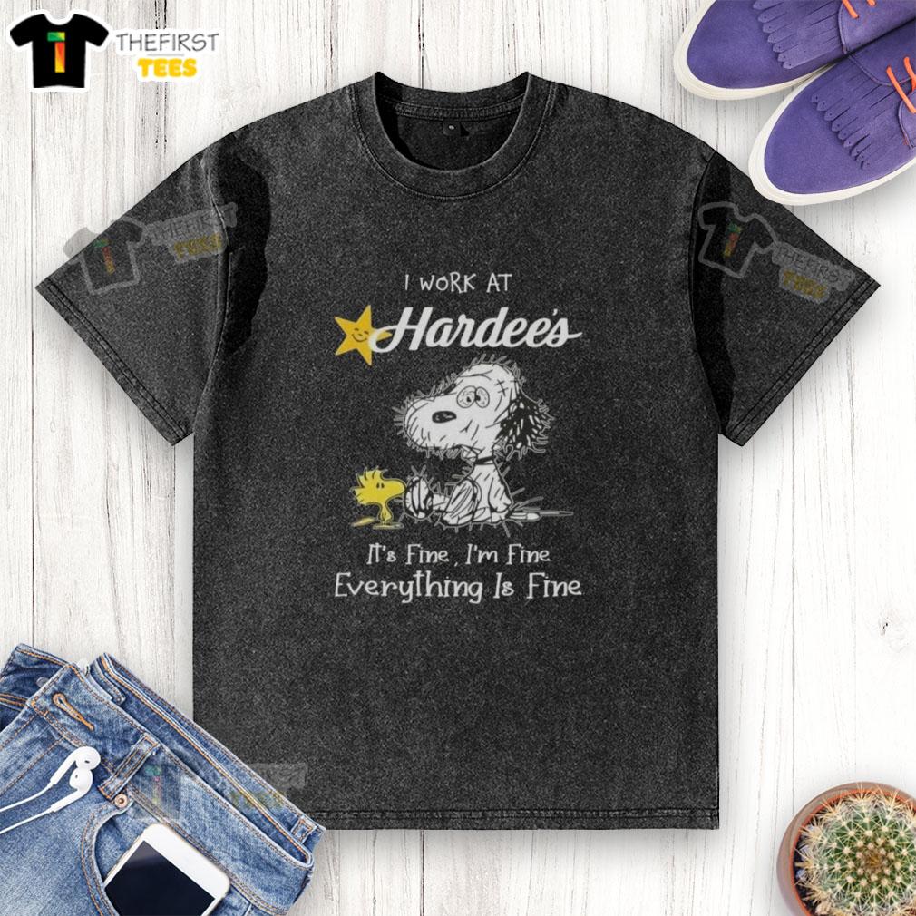 cute-tired-snoopy-and-woodstock-i-work-at-hardees-its-fine-im-fine-everything-is-fine-washed-t-shirt Alt Text: Cute tired Snoopy and Woodstock on a I work at Hardee's, it's fine, I'm fine, everything is fine washed t-shirt.