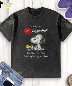 Alt Text: Cute Snoopy and Woodstock on a 'I Work at Pizza Hut' t-shirt, showcasing a tired yet playful vibe.