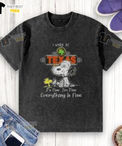 Alt Text: Cute Snoopy and Woodstock on a I Work at Texas Roadhouse, It's Fine washed t-shirt, perfect for casual wear.