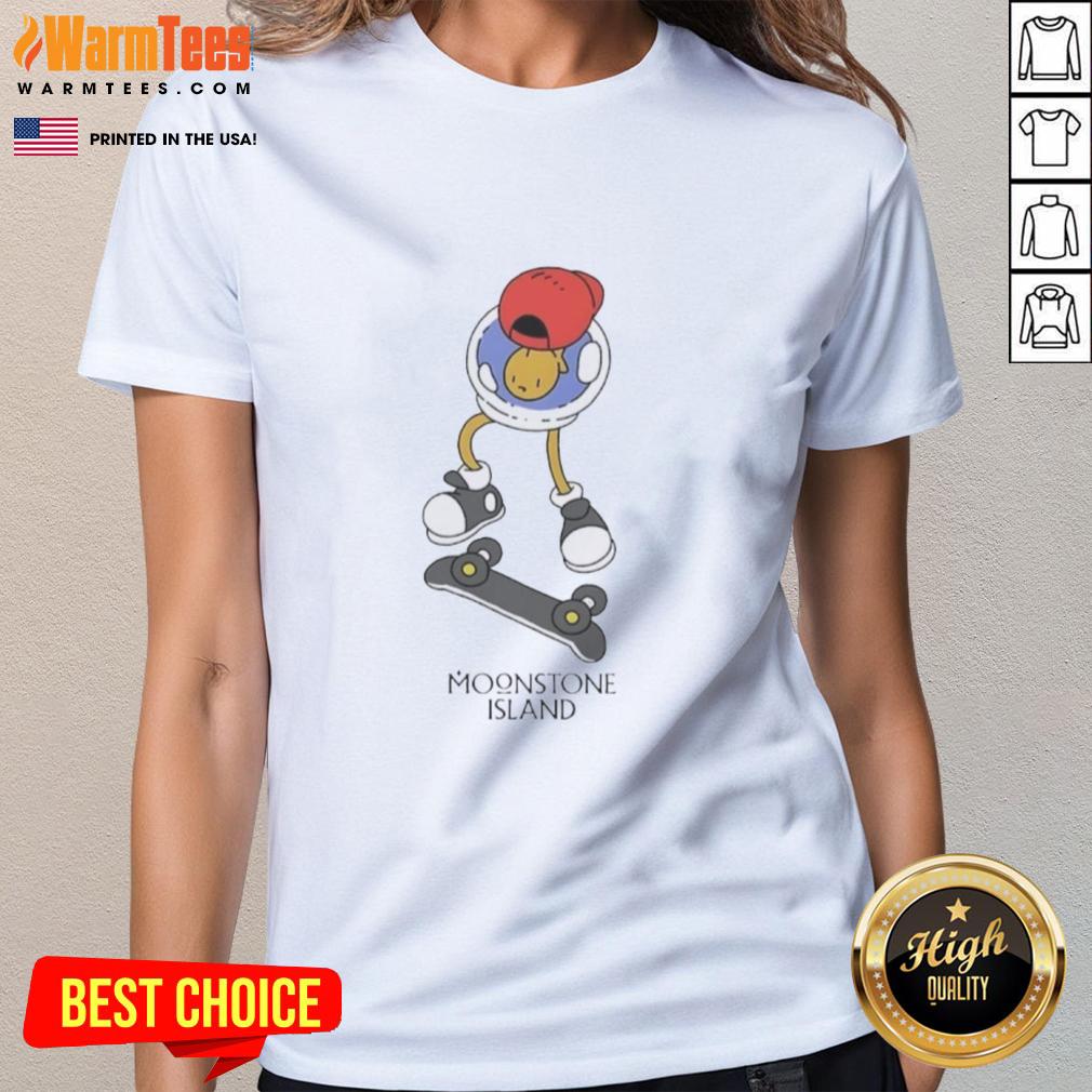 nice-moonstone-island-skateboarding-ladies-tee Skateboarding ladies wearing the Nice Moonstone Island Tee, showcasing a stylish and vibrant streetwear look.