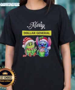 Funny Grinch and Stitch Merry Christmas ladies tee from Dollar General featuring festive designs and vibrant colors.