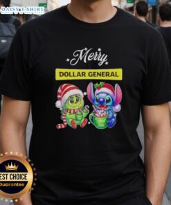 Alt Text: Funny Grinch and Stitch X Dollar General Merry Christmas T-Shirt featuring colorful graphics and a festive design.