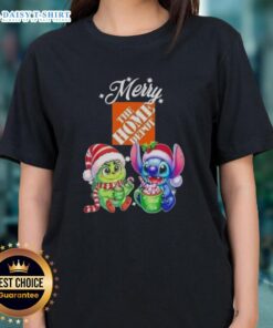 Alt Text: Funny Grinch and Stitch graphic on a Home Depot Merry Christmas ladies tee, perfect for festive holiday wear.