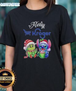 Funny Grinch and Stitch X Kroger Merry Christmas ladies tee featuring vibrant graphics for festive holiday spirit.