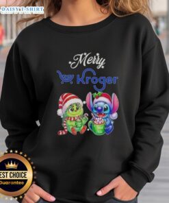 Funny Grinch and Stitch X Kroger Merry Christmas sweatshirt featuring festive designs for holiday cheer.