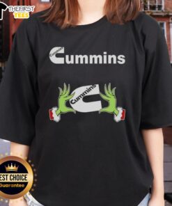 Funny Grinch hands holding a heart, promoting love for Cummins Christmas on a ladies tee shirt.