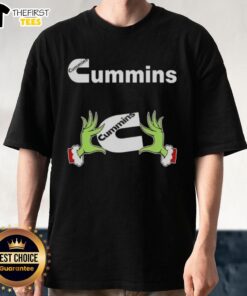 Funny Grinch hands holding a heart on a Cummins Christmas T-shirt, perfect for festive truck lovers and Grinch fans.