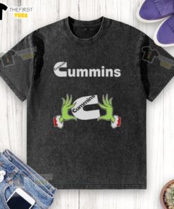 Funny Grinch hands holding a heart on a Cummins Christmas washed T-shirt, perfect for holiday cheer and truck lovers.