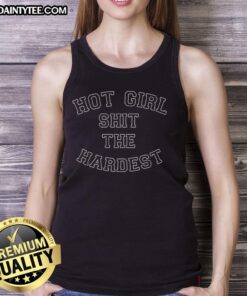 Funny hot girl wearing a 'Shit The Hardest' tank top, showcasing a playful and stylish summer outfit.