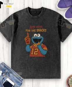 Funny 'I'm Just Here for the Snacks' Cookie Monster washed t-shirt design featuring a playful blue monster.