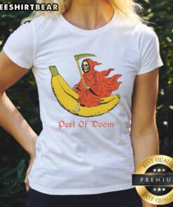Funny The Reaper Banana Peel of Doom ladies tee featuring a playful skull and banana design, perfect for humorous outfits.