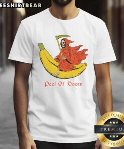 Funny The Reaper Banana Peel Of Doom T-Shirt featuring a cartoon grim reaper slipping on a banana peel, perfect for humor lovers.