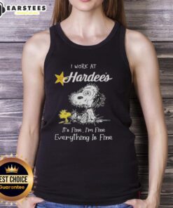 Snoopy and Woodstock in a funny tank top that says 'I work at Hardee's. It's fine, I'm fine, everything is fine.'