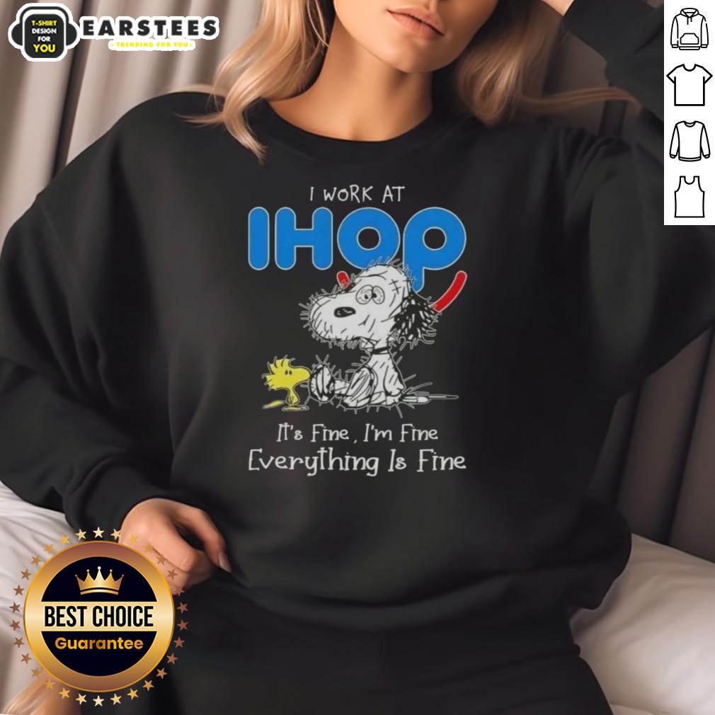funny-tired-snoopy-and-woodstock-i-work-at-ihop-its-fine-im-fine-everything-is-fine-sweatshirt Funny Snoopy and Woodstock sweatshirt with 'I work at IHOP, it's fine, I'm fine, everything is fine' text design.