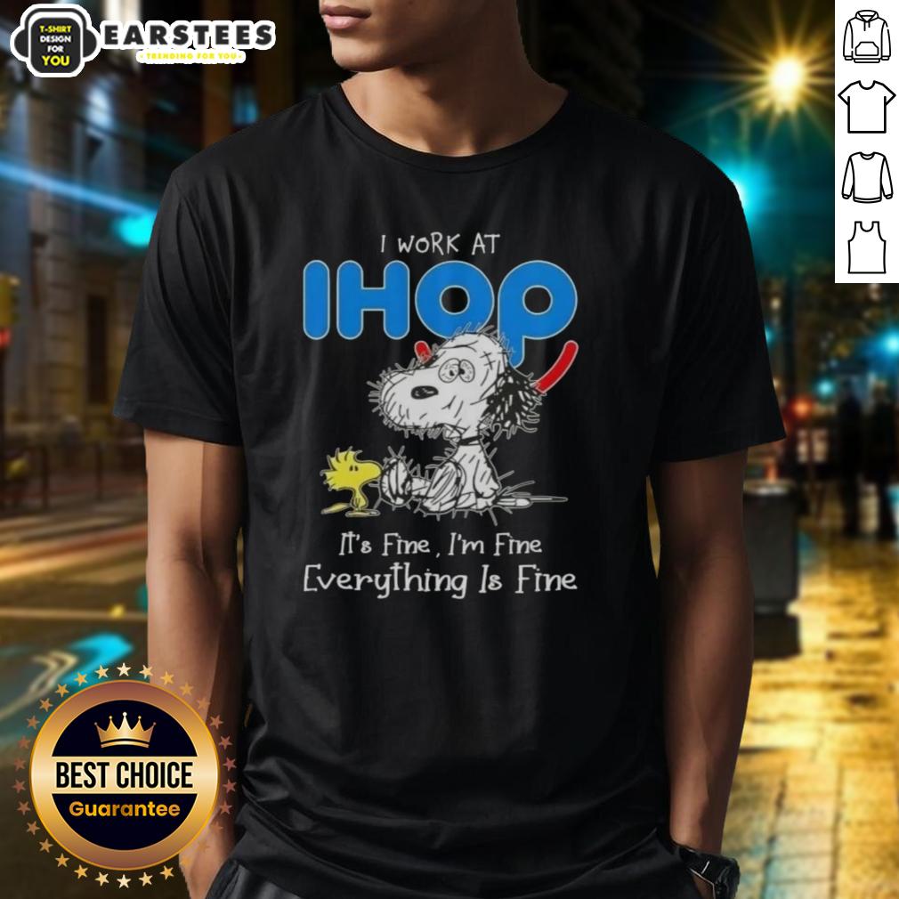 funny-tired-snoopy-and-woodstock-i-work-at-ihop-its-fine-im-fine-everything-is-fine-t-shirt-1 Funny Snoopy and Woodstock graphic tee for IHOP employees, featuring 'It's fine, I'm fine, everything is fine' quote.