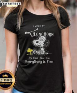 Alt Text: Funny Snoopy and Woodstock graphic on a Ladies Tee, featuring 'I Work at Longhorn Steakhouse, It's Fine' slogan.