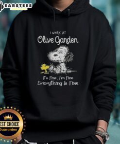 Funny Snoopy and Woodstock hoodie saying 'I Work at Olive Garden It's Fine I'm Fine Everything Is Fine' in vibrant colors.