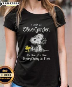 Alt Text: Funny Snoopy and Woodstock graphic tee for ladies, featuring 'I work at Olive Garden, it's fine, I'm fine, everything is fine.'