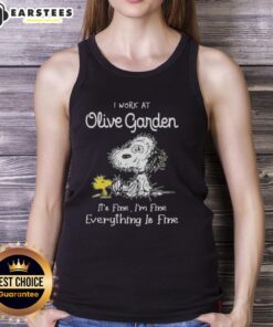 Funny Snoopy and Woodstock tank top with I work at Olive Garden, it's fine, I'm fine, everything is fine text design.