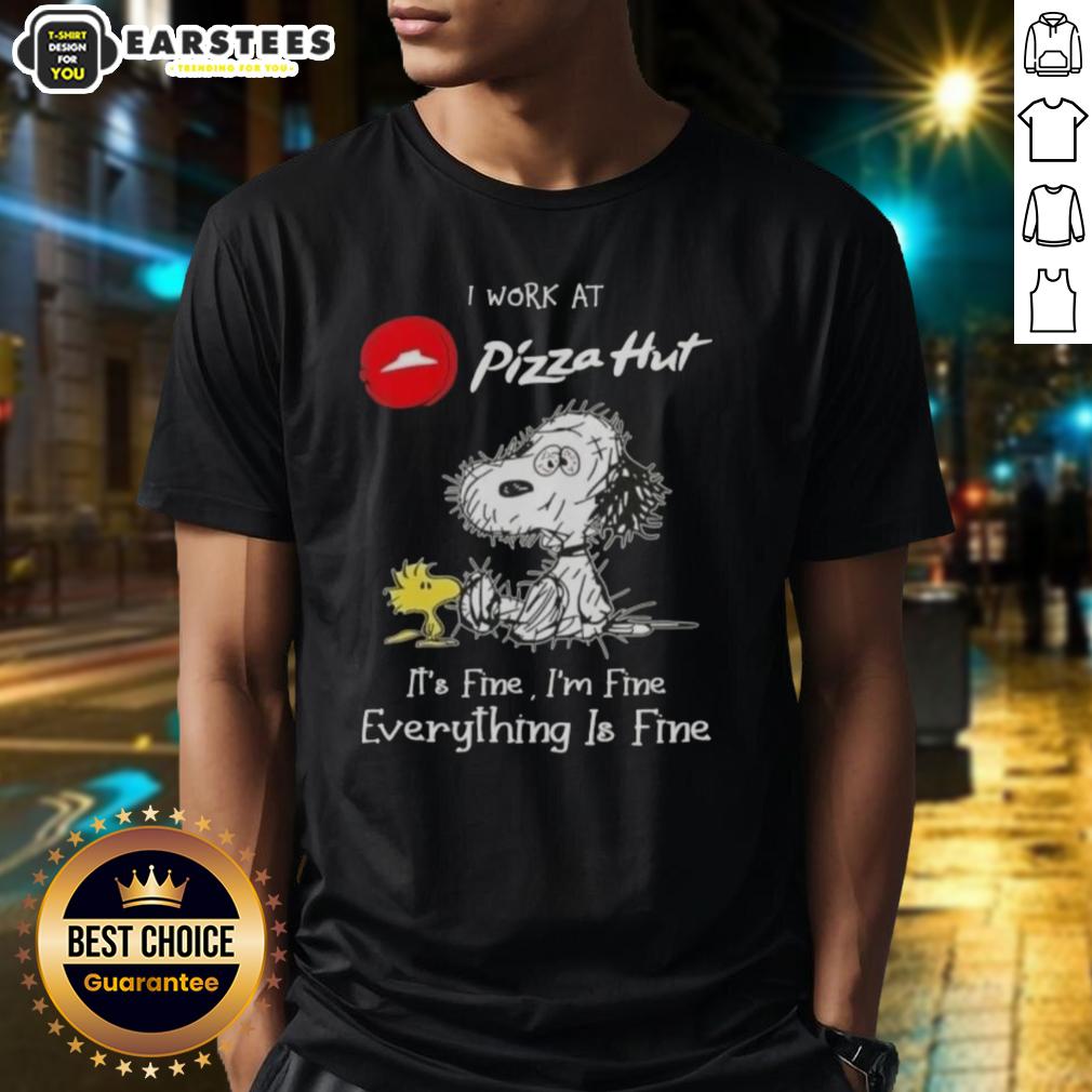 funny-tired-snoopy-and-woodstock-i-work-at-pizza-hut-its-fine-im-fine-everything-is-fine-t-shirt-1 Funny Snoopy and Woodstock T-shirt design: 'I Work At Pizza Hut It's Fine I'm Fine Everything Is Fine' humor.