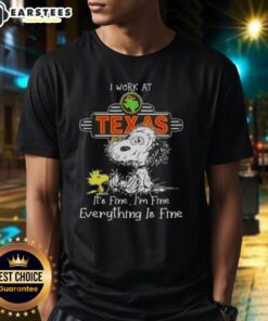 Alt Text: Funny Tired Snoopy and Woodstock graphic on I Work At Texas Roadhouse T-Shirt, humorous design for fans.