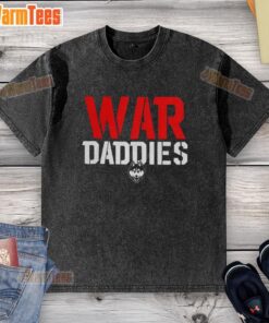 Funny UConn Huskies War Daddies logo on a washed t-shirt, perfect for sports fans and casual wear.