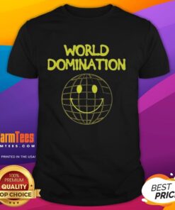 Funny World Domination Emoji Smile Logo T-Shirt showcasing a playful design with vibrant colors and a cheerful emoji.