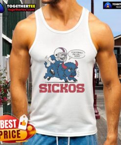 Cartoon of a Buffalo Bills fan in a tank top, showcasing NFL spirit with a humorous twist. Perfect for Sickos fans!