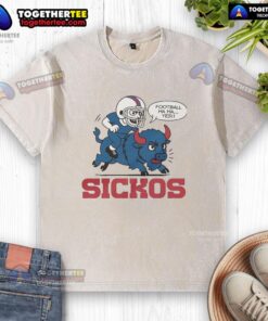 Cartoon of a Buffalo Bills fan in a washed t-shirt, celebrating with humor and enthusiasm for NFL football.