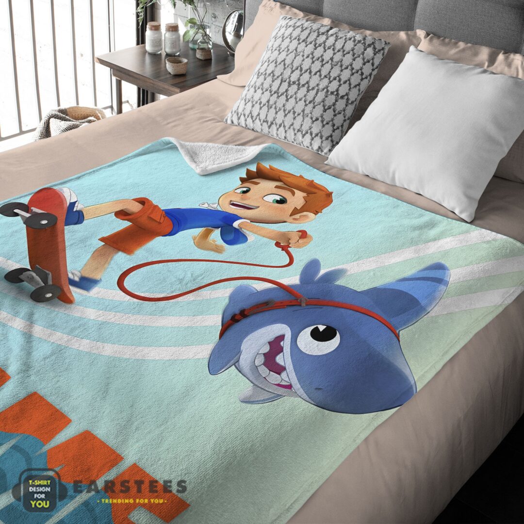 good-catoon-sharkdog-sharkdog-and-max-skateboarding-blanket-fleece-customized-blanket-mk-03 Good Catoon Sharkdog Sharkdog and Max Skateboarding Blanket Fleece Customized Blanket - Image 2