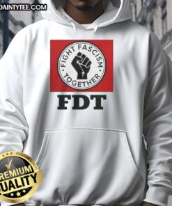 Good Fight Fascism Together logo hoodie featuring bold design, promoting unity against fascism in stylish apparel.