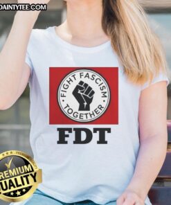 Alt Text: Ladies tee featuring the 'Good Fight Fascism Together' logo, promoting unity against fascism in stylish apparel.