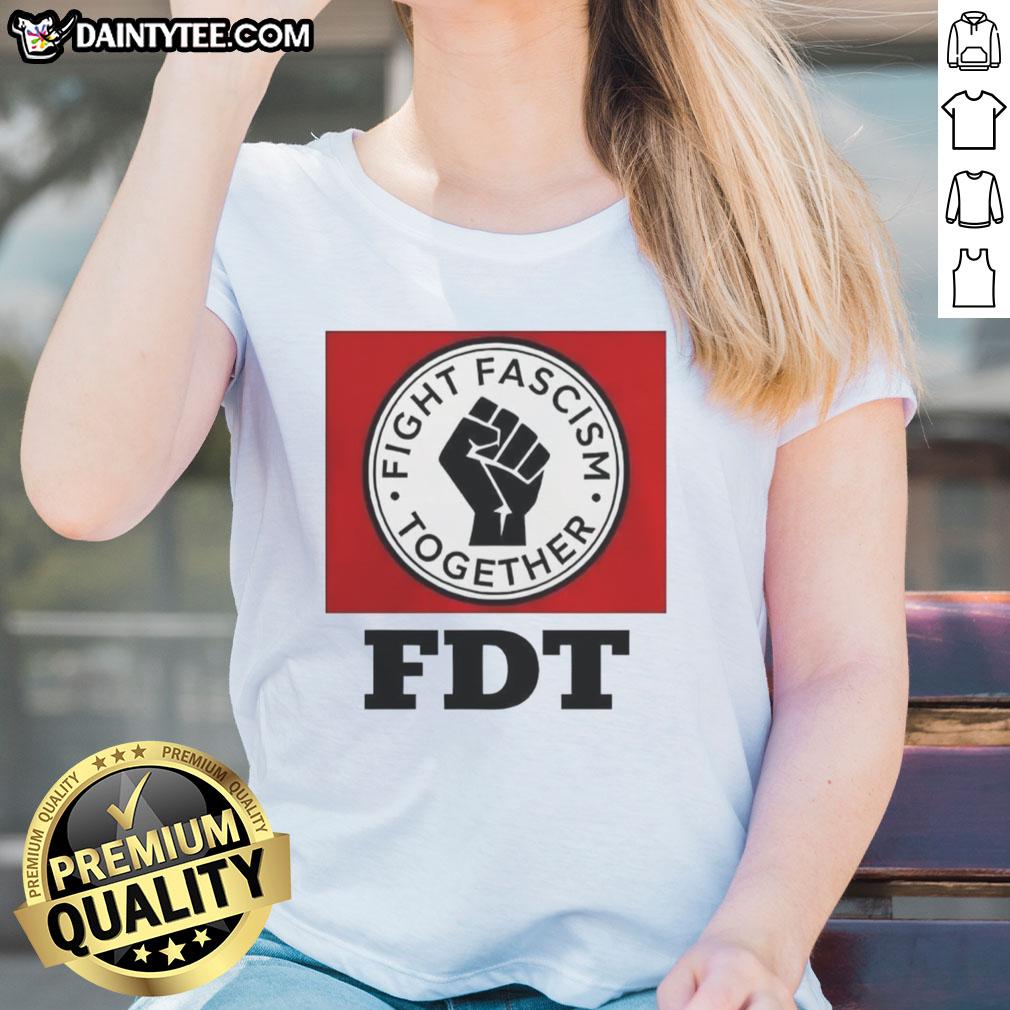 good-fight-fascism-together-logo-ladies-tee Alt Text: Ladies tee featuring the 'Good Fight Fascism Together' logo, promoting unity against fascism in stylish apparel.