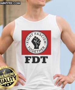 Alt Text: Good Fight Fascism Together logo on a stylish tank top, promoting unity and activism against fascism.