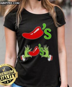 Good Grinch Hands Love Chilis Merry Christmas Ladies Tee featuring a festive design perfect for holiday celebrations.