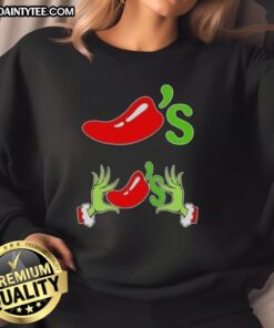 Alt Text: Good Grinch Hands Love Chilis Merry Christmas Sweatshirt featuring festive design and vibrant colors for holiday cheer.
