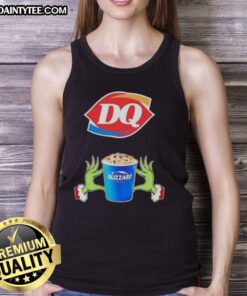 Good Grinch hands holding a Dairy Queen cup, wearing a Merry Christmas tank top, perfect for festive holiday fun.