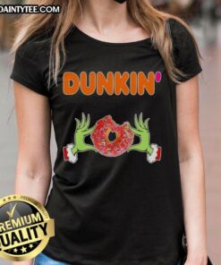 Good Grinch Hands Love Dunkin Donut Merry Christmas Ladies Tee featuring festive design perfect for holiday celebrations.