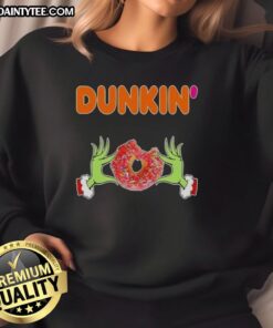 Good Grinch Hands Love Dunkin' Donut Merry Christmas Sweatshirt featuring festive design and cheerful colors.