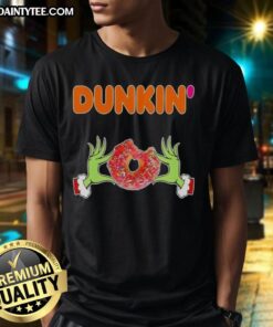 Good Grinch Hands Love Dunkin Donut Merry Christmas T-Shirt featuring festive design and playful Grinch graphics.