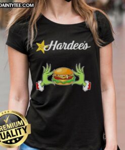 Alt Text: Good Grinch Hands Love Hardees Merry Christmas Ladies Tee featuring festive Grinch design for holiday cheer.