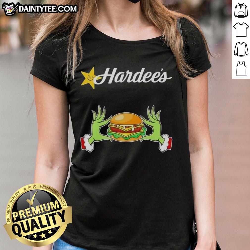 good-grinch-hands-love-hardees-merry-christmas-ladies-tee Alt Text: Good Grinch Hands Love Hardees Merry Christmas Ladies Tee featuring festive Grinch design for holiday cheer.