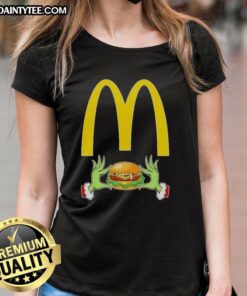 Good Grinch hands love McDonald's Merry Christmas ladies tee featuring festive design and playful holiday spirit.