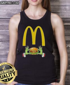 Good Grinch Hands Love McDonald's Merry Christmas tank top design featuring festive colors and playful graphics.