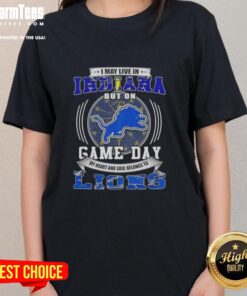 Womens Detroit Lions football tee, perfect for game day, showcasing pride for the team while living in Indiana.