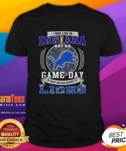 Alt Text: Detroit Lions football T-shirt for game day, featuring 'Good I May Live In Indiana' design.