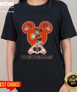 Good Mickey hands forming a heart on a Cincinnati Bengals football ladies tee, perfect for fans and stylish wear.